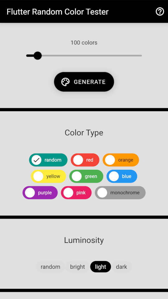 Flutter Random Color Tester - Generate random colors